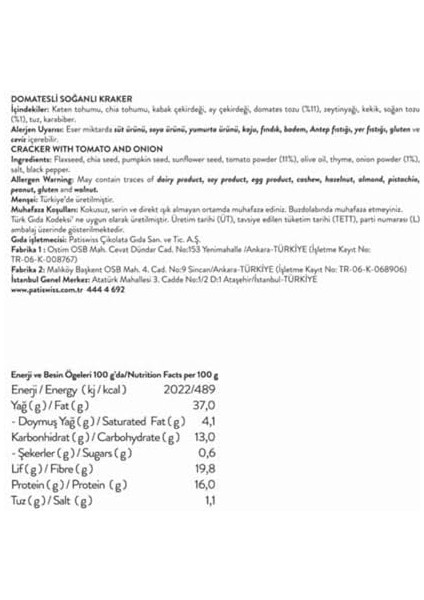 Patiswiss Domatesli Soğanlı Kraker 30G