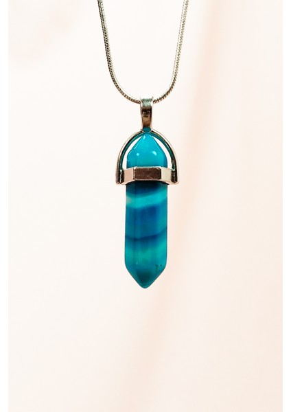 Mavi Akik Doğal Taşı Zincirli El Yapımı Tasarımlı Kolye Uç: 3,5 cm Zincir: 20 cm Kutulu