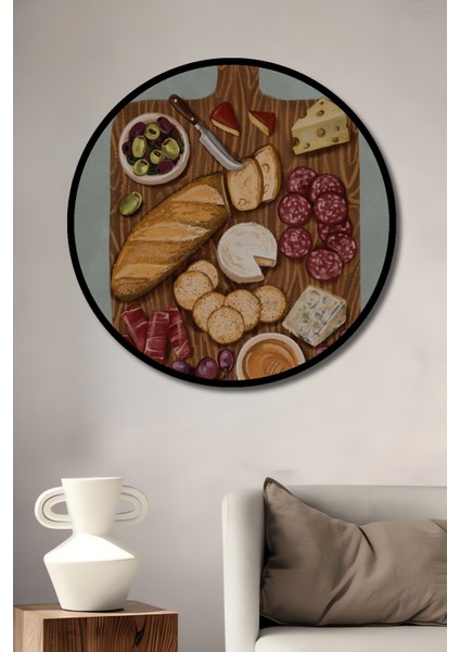 Çerçeve Görünümlü Lezzet Dolu Ziyafet Ahşap Mdf Dekoratif Ev Duvar Tablo Yuvarlak Ev Duvar Tablo