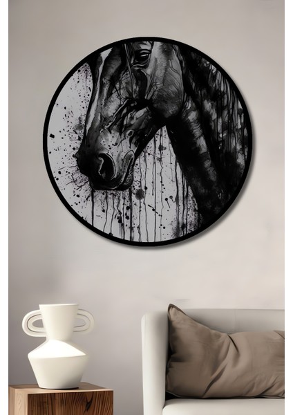 Çerçeve Görünümlü Soyut At Başı Dekoratif Ahşap Mdf Ev Duvar Tablo Yuvarlak Ev Duvar Tablo