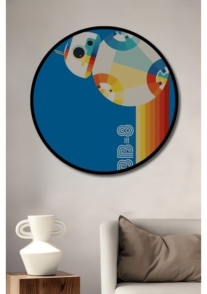 Çerçeve Görünümlü Bb-8 Retro Renkli Ahşap Mdf Dekoratif Ev Duvar Tablo Yuvarlak Ev Duvar Tablo