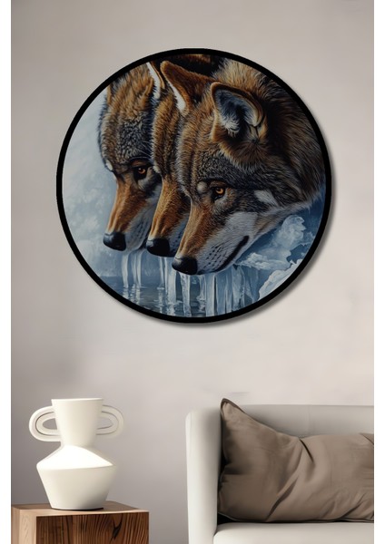 Çerçeve Görünümlü Üç Kurt Buzul Gölü Dekoratif Ahşap Mdf Ev Duvar Tablo Yuvarlak Ev Duvar Tablo