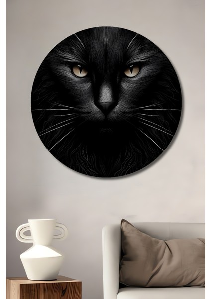 Gızemlı Siyah Kedi Ahşap Mdf Dekoratif Ev/işyeri Duvar Tablo Yuvarlak Ev/işyeri Duvar Tablo