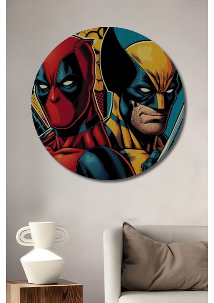 Deadpool Wolverine Dekoratif Ahşap Mdf Ev/işyeri Duvar Tablo Yuvarlak Ev/işyeri Duvar Tablo