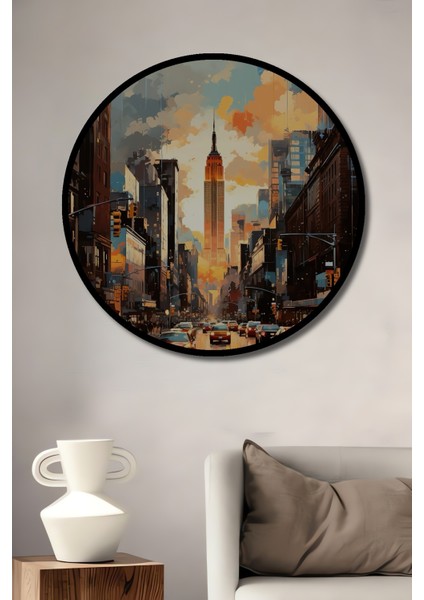 Çerçeve Görünümlü Empire State Binası Şehir Manzarası Ahşap Mdf Dekoratif Tablo Yuvarlak Tablo