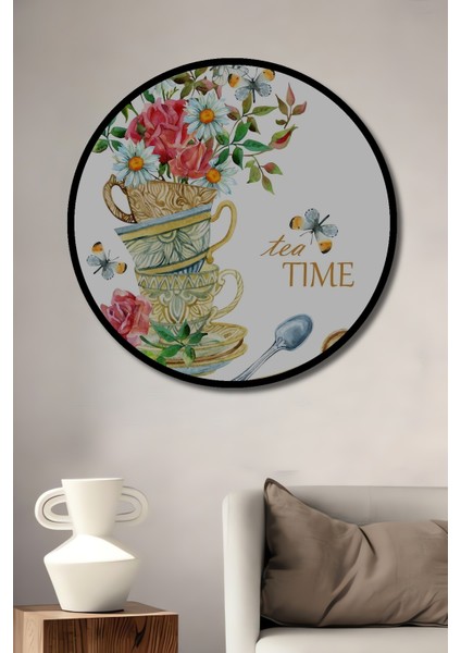 Çerçeve Görünümlü Çiçekli Çay Vakti Ahşap Mdf Dekoratif Ev Duvar Tablo Yuvarlak Ev Duvar Tablo