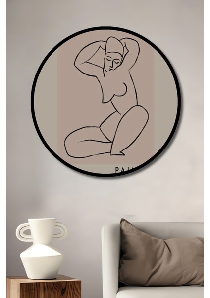 Çerçeve Görünümlü Kübist Sanatçının Çizgisel Figürü Dekoratif Ahşap Mdf Tablo Yuvarlak Tablo