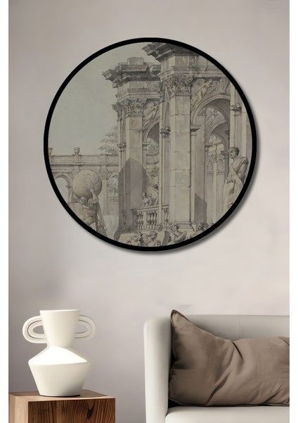 Çerçeve Görünümlü Antik Roma Mimarisi Dekoratif Ahşap Mdf Ev Duvar Tablo Yuvarlak Ev Duvar Tablo