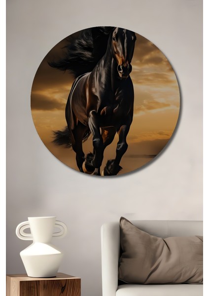 Güçlü Siyah At Gün Batımı Ahşap Mdf Dekoratif Ev/işyeri Duvar Tablo Yuvarlak Ev/işyeri Duvar Tablo