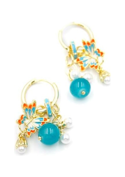 Boncuklu Kelebek Küpe - Turuncu