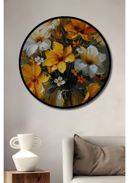 Çerçeve Görünümlü Sarı Çiçekler Ahşap Mdf Dekoratif Ev Duvar Tablo Yuvarlak Ev Duvar Tablo