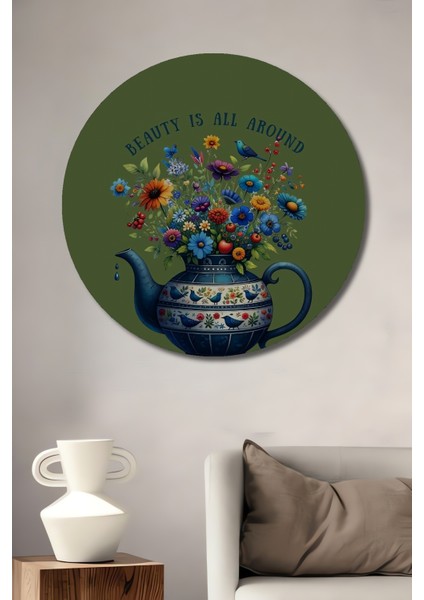 Renkli Çiçek ve Çaydanlık Dekoratif Ahşap Mdf Ev/işyeri Duvar Tablo Yuvarlak Ev/işyeri Duvar Tablo