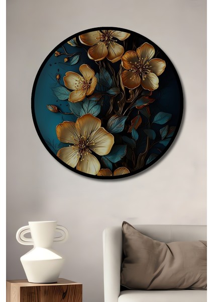 Çerçeve Görünümlü Altın Çiçekler Ahşap Mdf Dekoratif Ev Duvar Tablo Yuvarlak Ev Duvar Tablo