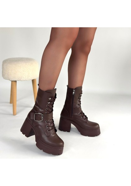 Yandan Fermuarlı Bağcıklı Topuklu Bot Cilt Kahverengi Topuk Boyu 7 cm fırsatları