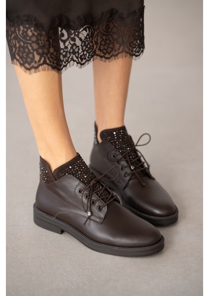 Navin Hakiki Deri Taş Detaylı Bağcıklı Kadın Ayakkabı- Acı Kahve