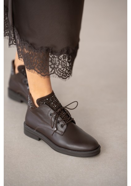Navin Hakiki Deri Taş Detaylı Bağcıklı Kadın Ayakkabı- Acı Kahve fiyatları