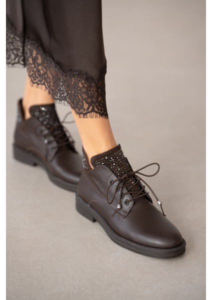 Navin Hakiki Deri Taş Detaylı Bağcıklı Kadın Ayakkabı- Acı Kahve modelleri