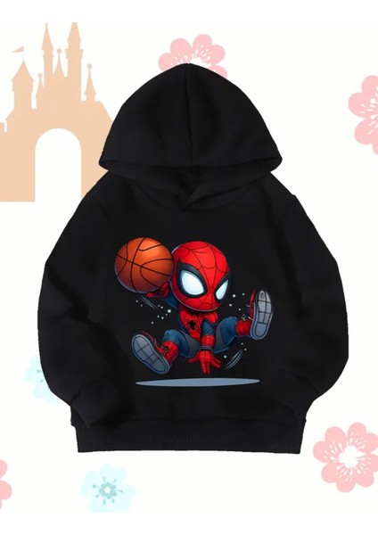 Punıx Kıds Özel Üretim Kapüşonlu Basketçi Örümcek Adam Baskılı Şardonlu Kışlık Erkek Çocuk Sweatshırt