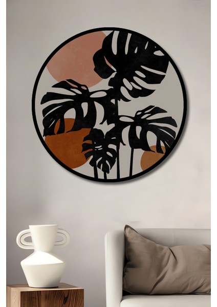 Çerçeve Görünümlü Monstera Yaprakları Minimalist Dekoratif Ahşap Mdf Yuvarlak Ev,işyeri Duvar Tablo