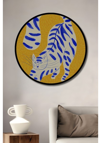 Çerçeve Görünümlü Mavi Desenli Kedi Dekoratif Ahşap Mdf Ev Duvar Tablo Yuvarlak Ev Duvar Tablo