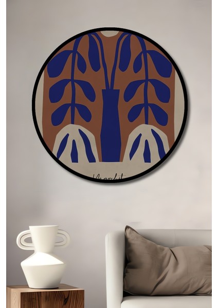 Çerçeve Görünümlü Mavi Çiçekli Dekoratif Ahşap Mdf Işyeri Duvar Tablo Yuvarlak Işyeri Duvar Tablo