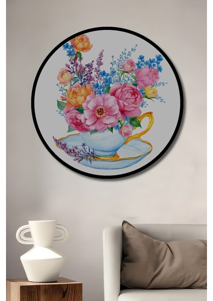Çerçeve Görünümlü Romantik Çiçekler Dekoratif Ahşap Mdf Ev Duvar Tablo Yuvarlak Ev Duvar Tablo