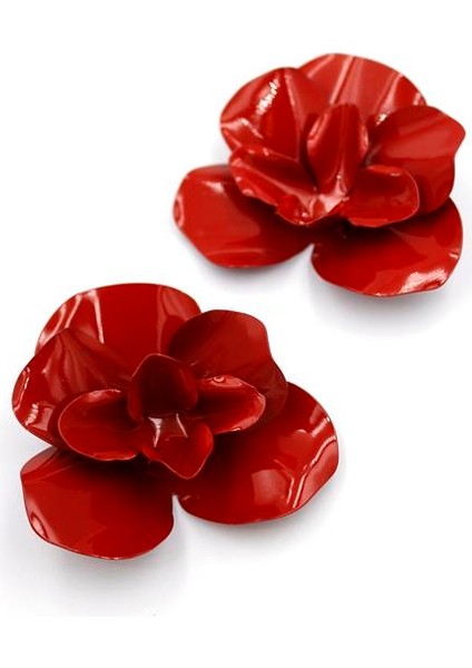 Metal Çiçek Küpe - Kırmızı