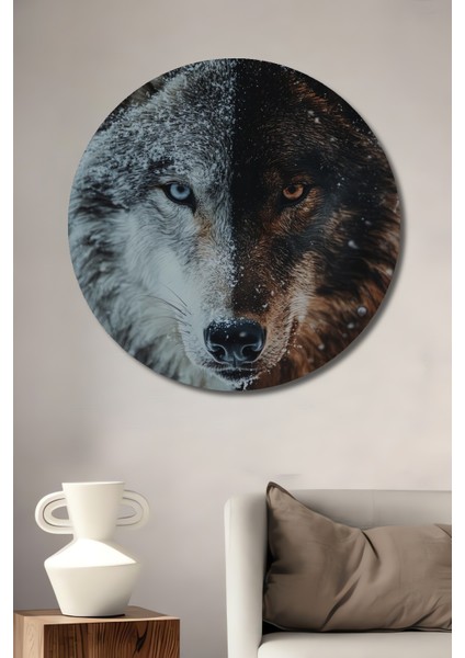 Kuzeyin Iki Yüzü Kurt Dekoratif Ahşap Mdf Ev/işyeri Duvar Tablo Yuvarlak Ev/işyeri Duvar Tablo