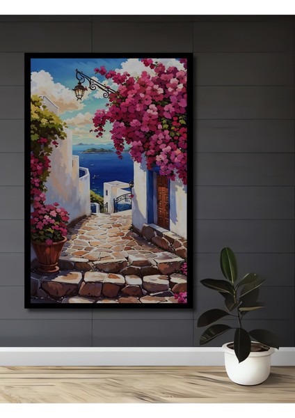 Çerçeve Görünümlü Akdeniz Sokaklarında Çiçekli Ahşap Mdf Dekoratif Tablo Dikdörtgen Tablo