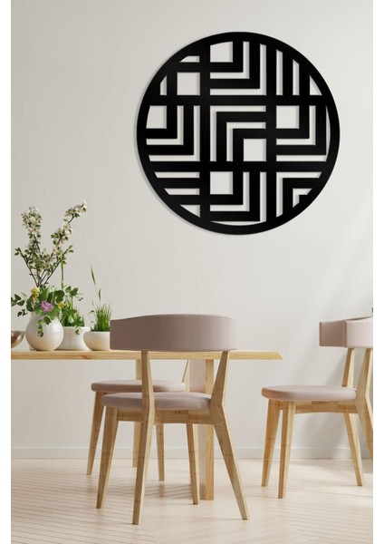 Geometrik Desenli Yuvarlak Metal Tablo | Modern Siyah Duvar Dekoru