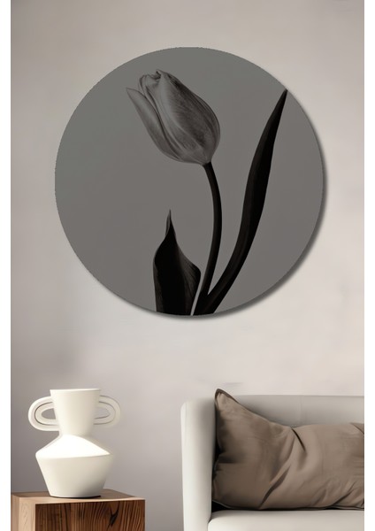 Siyah Beyaz Lale Ahşap Mdf Dekoratif Ev/işyeri Duvar Tablo Yuvarlak Ev/işyeri Duvar Tablo