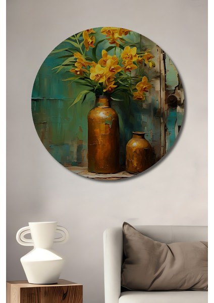 Sarı Orkide Çiçekleri Dekoratif Ahşap Mdf Ev/işyeri Duvar Tablo Yuvarlak Ev/işyeri Duvar Tablo