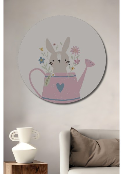 Tavşan ve Çiçekli Sulama Kabı Ahşap Mdf Dekoratif Tablo Yuvarlak Tablo