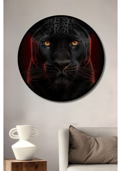 Çerçeve Görünümlü Kara Panter Büyüleyici Bakışlar Dekoratif Ahşap Mdf Tablo Yuvarlak Tablo
