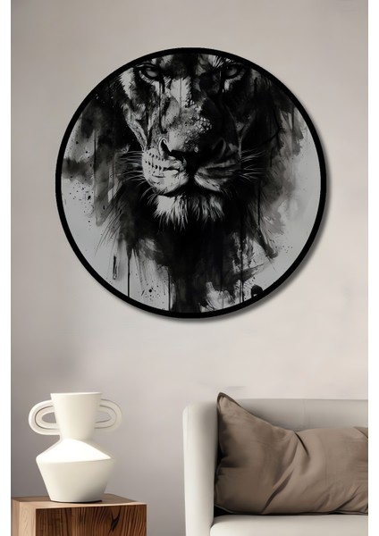Çerçeve Görünümlü Asil Aslan Sanatı Dekoratif Ahşap Mdf Ev Duvar Tablo Yuvarlak Ev Duvar Tablo