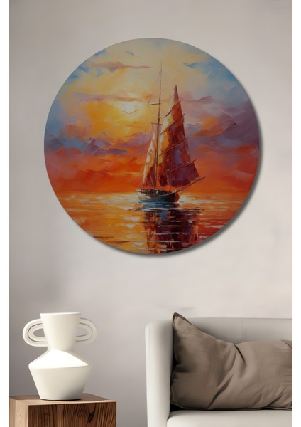 Gün Batımında Yelkenli Dekoratif Ahşap Mdf Ev/işyeri Duvar Tablo Yuvarlak Ev/işyeri Duvar Tablo