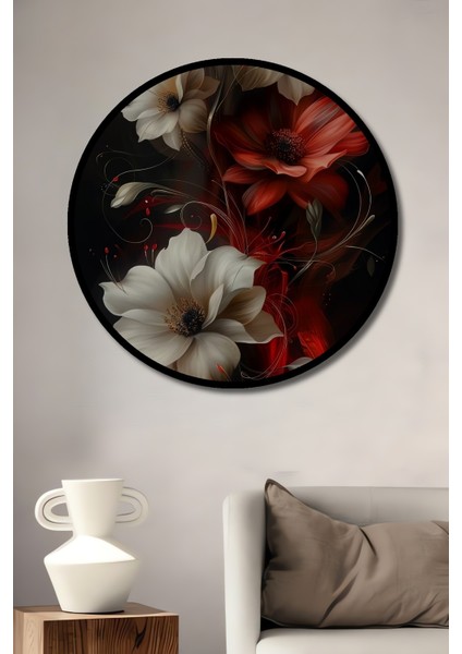 Çerçeve Görünümlü Kırmızı ve Beyaz Çiçekler Dekoratif Ahşap Mdf Yuvarlak Ev,iş Yeri Duvar Tablo