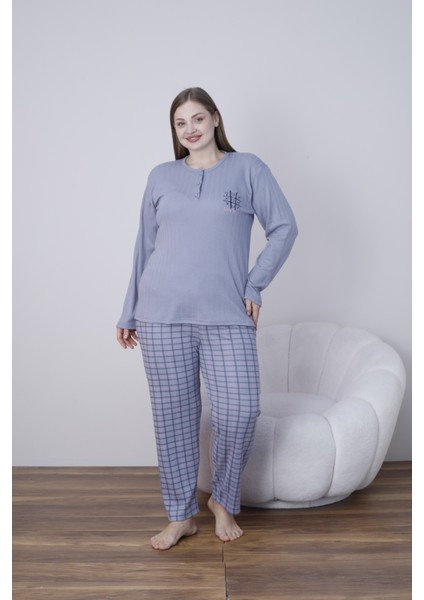 Kadın Kışlık Büyük Beden Curve Nakışlı Desenli Yakası Düğmeli Uzun Kollu Pijama Takımı modelleri
