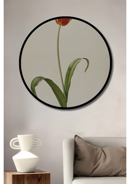 Çerçeve Görünümlü Dekoratif Ahşap Mdf Tablo Lale Sanatı Vintage Çiçek Deseni Yuvarlak Tablo