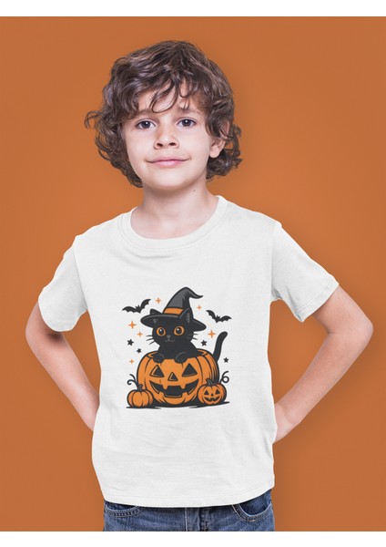 Halloween Kedi Bal Kabağı Pumpkin Çocuk Tişört T-Shirt