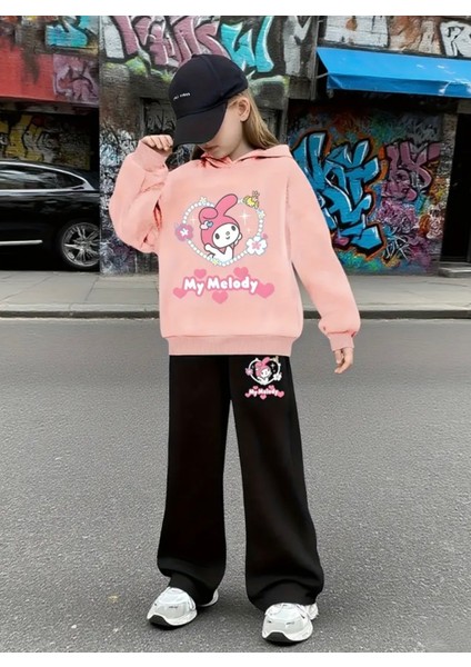 Punıx Kıds Özel Seri Kapüşonlu My Melody Baskılı %100 Pamuk Kışlık Ispanyol Paça Kız Çocuk Eşofman Takımı