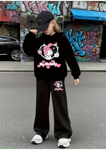 Punıx Kıds Özel Seri Kapüşonlu My Melody Baskılı %100 Pamuk Kışlık Ispanyol Paça Kız Çocuk Eşofman Takımı