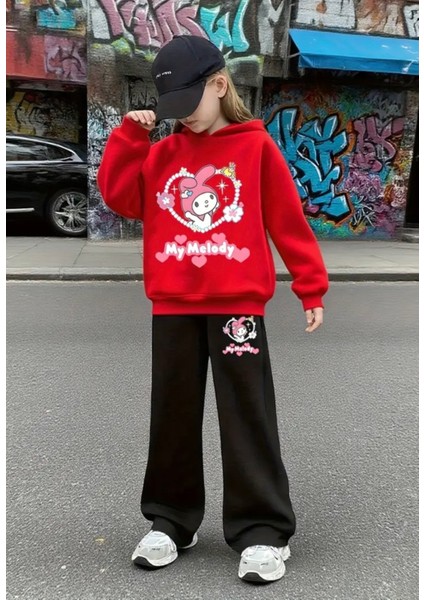 Punıx Kıds Özel Seri Kapüşonlu My Melody Baskılı %100 Pamuk Kışlık Ispanyol Paça Kız Çocuk Eşofman Takımı