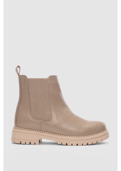 Whitney Hakiki Deri Lastikli Kadın Kısa Bot - Vizon