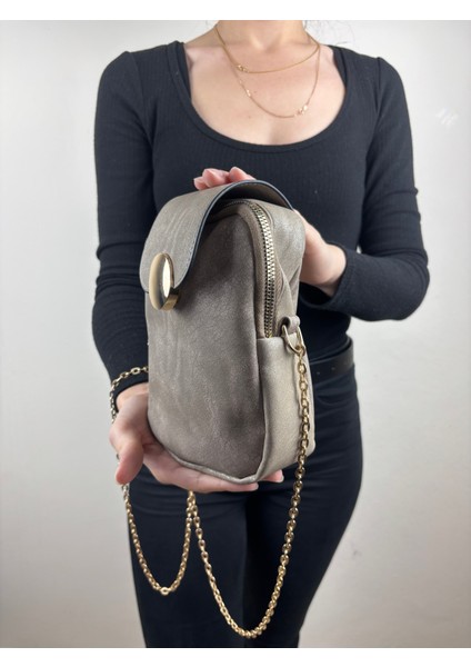 Kadın Süet Vizon Zincir Askılı Kapaklı Mini Boy Çapraz Çanta
