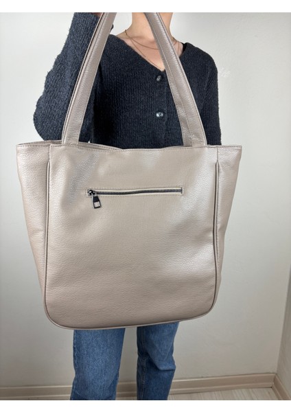 Kadın Suni Deri Vizon Düz Form Klasik Maxi Boy Omuz Çantası