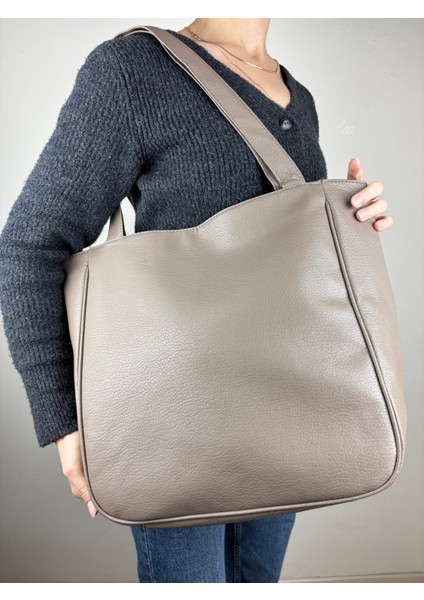 Kadın Suni Deri Vizon Düz Form Klasik Maxi Boy Omuz Çantası modelleri