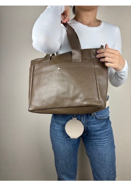 Kadın Suni Deri Haki Geniş Hacimli Casual Maxi Boy Omuz Çantası