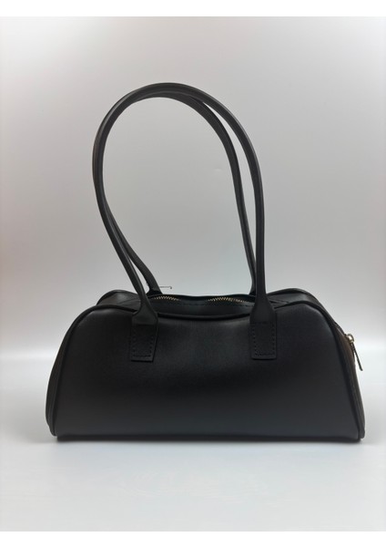 Kadın Suni Deri Siyah Uzun Form Baget Minimal Midi Boy Omuz Çantası