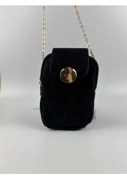 Kadın Süet Siyah Zincir Askılı Kapaklı Mini Boy Çapraz Çanta